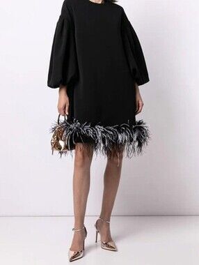 NWOT HUISHAN ZHANG Puff Bishop Sleeve Dress with Ostrich Blk/White Feather Hem.